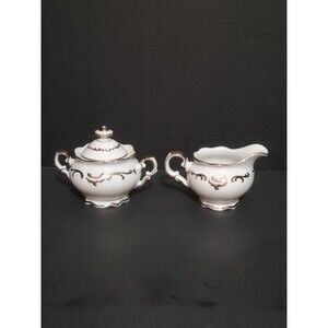 Schumann Arzberg Platinum Elegance Sugar Bowl W/ Lid & Creamer Set Germany Vtg